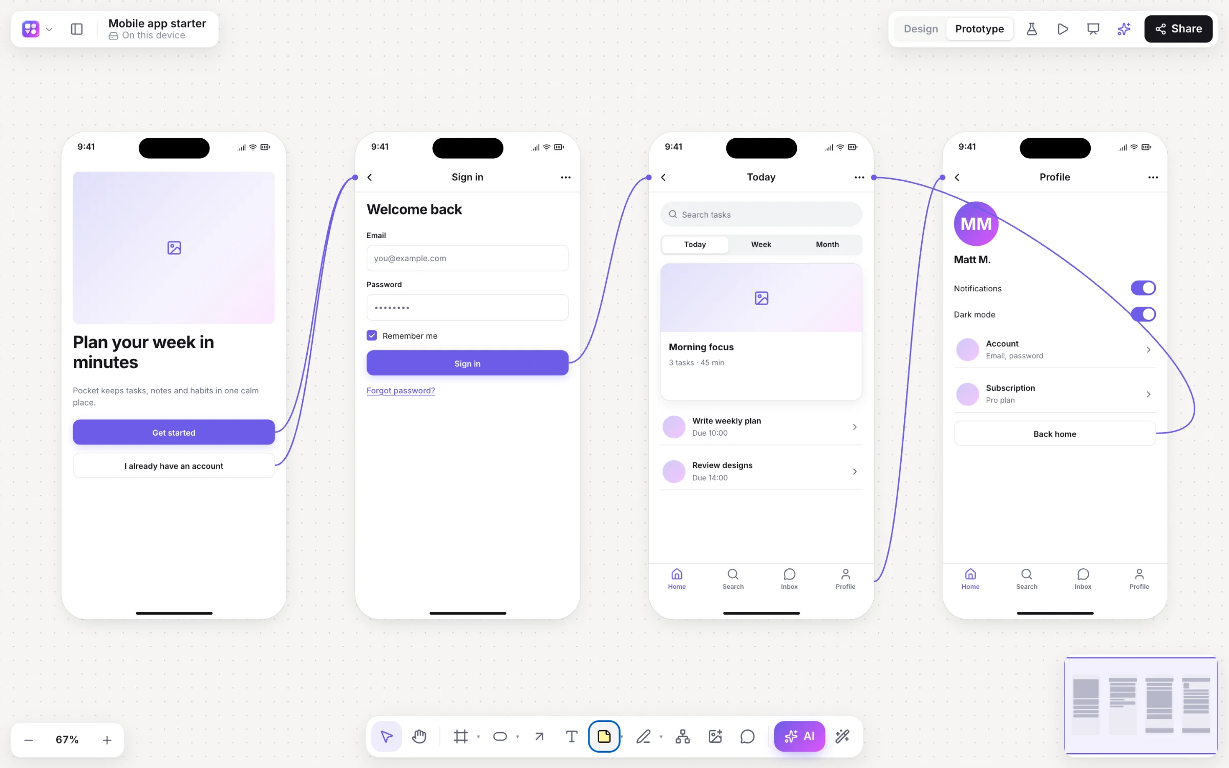 Four phone screens in prototype mode, with blue links from buttons to the screens they open.